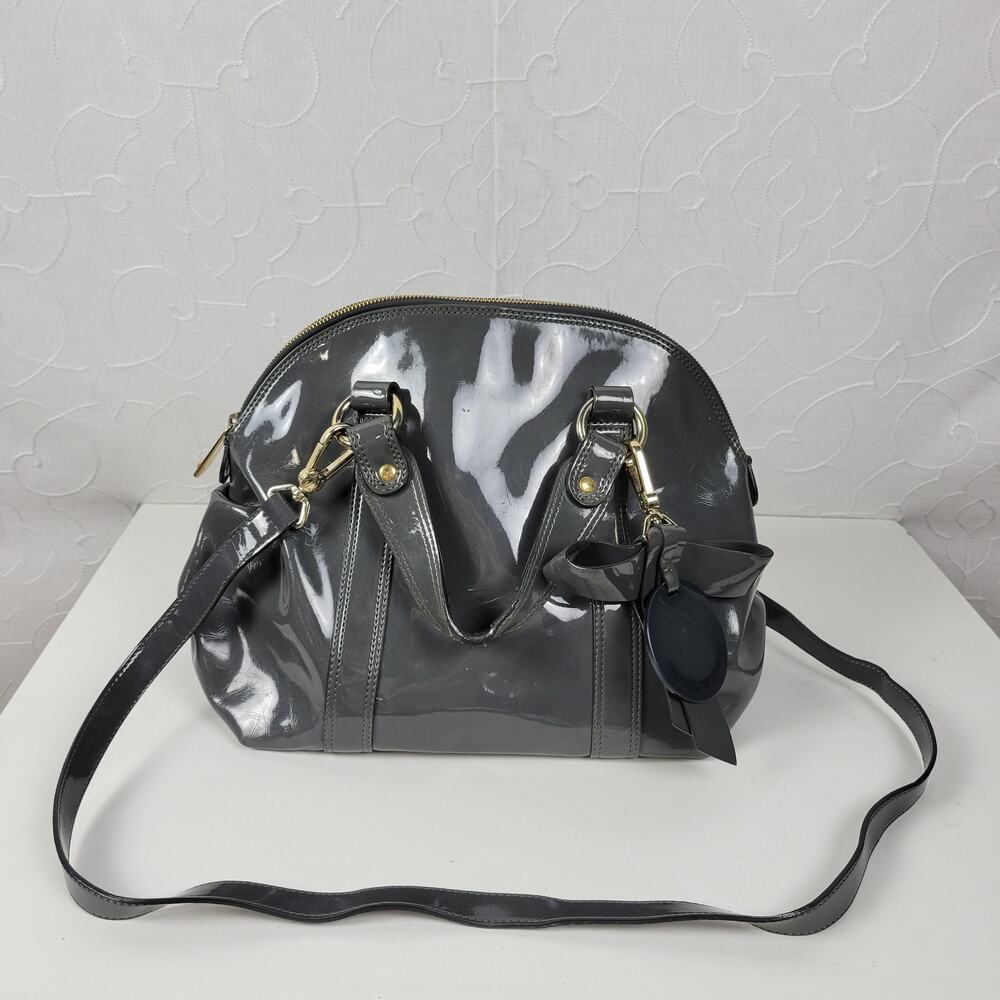 Emporio Armani Womens Tote Satchel Crossbody Bag Gray Patent Leather Handbag Bow